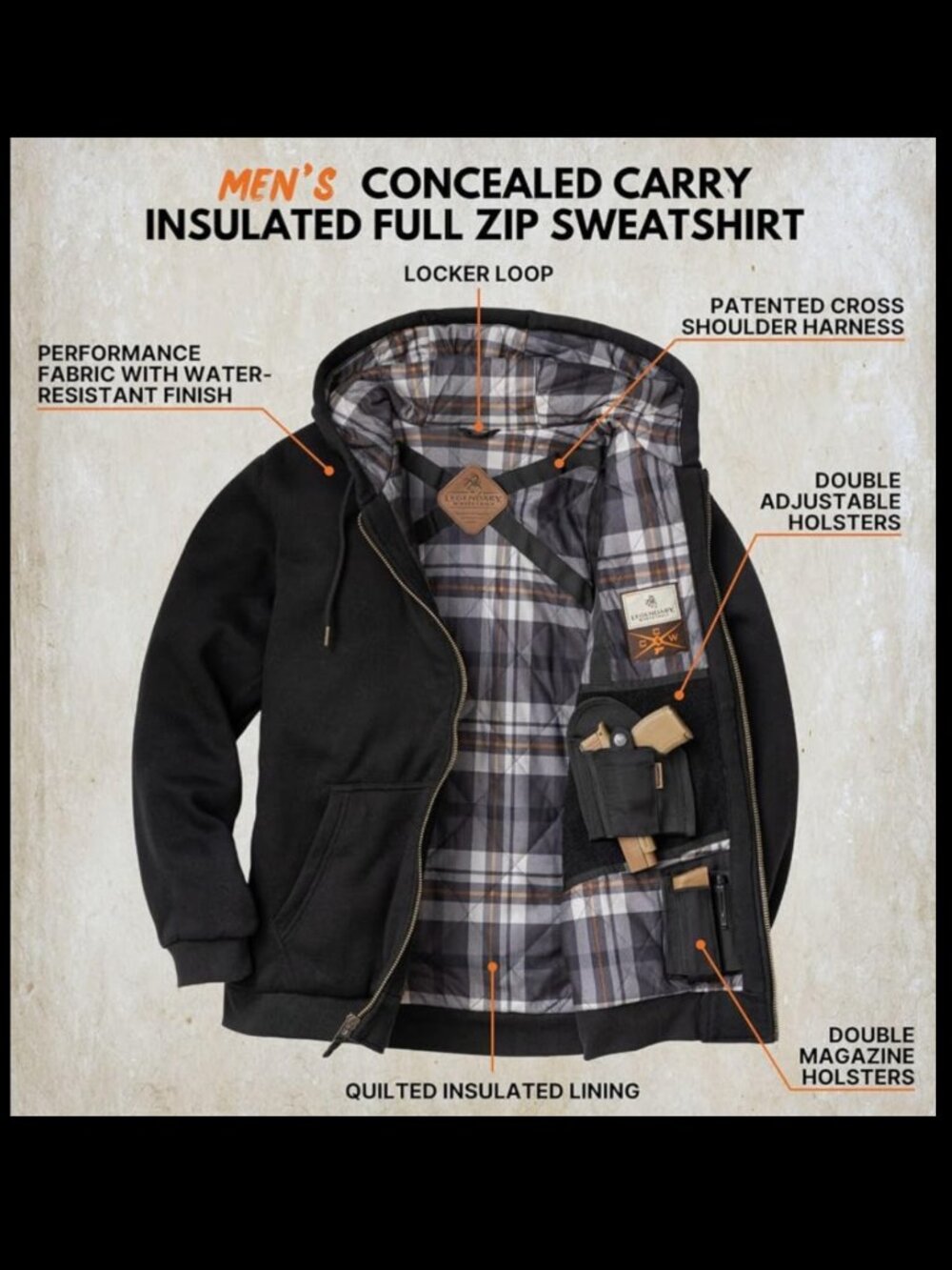 Concealed Carry Insulated Full Zip Sweatshirt, Black, Large